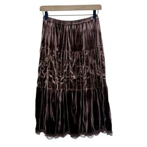 Vintage Y2K Brown Velvet Tiered Sequined Lace Trim Skirt No Boundaries Small